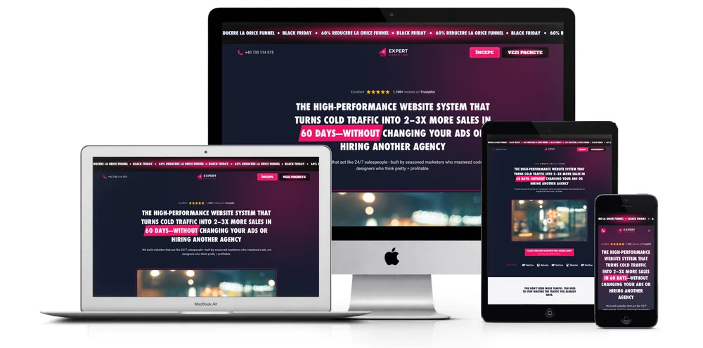 Website Expert Marketing afișat pe desktop, laptop, tabletă și smartphone — design responsive focusat pe conversie